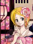  blonde_hair cage flower japanese_clothes kagamine_rin kimono oekaki pink short_hair solo tegaki vocaloid 