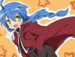  1girl :3 blue_hair braid cape cosplay edward_elric edward_elric_(cosplay) fullmetal_alchemist gloves green_eyes izumi_konata lucky_star maruki_(punchiki) v 