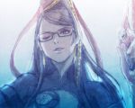  bayonetta bayonetta_(character) black_hair blue_eyes earrings eyeshadow from_below glasses gun hair_ribbon jewelry knhl long_hair mole ribbon solo weapon wink 