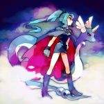  1girl blue_hair boots cape dragon dragonair gloves gym_leader ibuki_(pokemon) oru_(hone_oru) pokemon pokemon_(creature) pokemon_(game) pokemon_gsc ponytail red_eyes smoke 