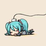  cable chan_co chibi closed_eyes green_hair hatsune_miku headphones pleated_skirt recharging sleeping thigh_boots twintails vocaloid 