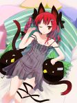  bad_id bed bra braid cat_ears cat_tail fang gochou_(comedia80) hair_ornament hairclip kaenbyou_rin lingerie lying multiple_tails negligee on_back panties pillow plush red_eyes red_hair redhead reiuji_utsuho reiuji_utsuho_(bird) ribbon see-through solo strap_slip striped striped_bra striped_panties tail thigh_ribbon touhou twin_braids twintails underwear wink 