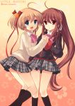  bad_id black_kneehighs black_legwear blonde_hair blue_eyes brown_hair hair_ribbon kamikita_komari kneehighs little_busters! little_busters!! long_hair natsume_rin open_mouth pcmaniac88 plaid plaid_skirt ponytail red_eyes ribbon school_uniform short_hair skirt socks tartan 