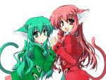  animal_ears cat_ears coat fang green_eyes green_hair hand_holding holding_hands moe_(moeren) moeren multiple_girls pink_eyes pink_hair ren_(moeren) tail 