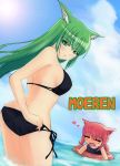  animal_ears bikini cat_ears green_eyes green_hair innertube moeren multiple_girls pink_eyes pink_hair ren_(moeren) side-tie_bikini swimsuit 