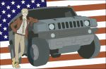  america america_(hetalia) axis_powers_hetalia blonde_hair bomber_jacket car flag genmaipudding glasses gloves grin hummer hummer_h2 male military military_uniform motor_vehicle necktie smile solo uniform vehicle 