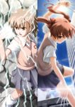  biribiri bow brown_eyes brown_hair electricity hair_bow misaka_mikoto multiple_girls ogata school_uniform shirai_kuroko skirt sweater_vest to_aru_kagaku_no_railgun to_aru_majutsu_no_index twintails 