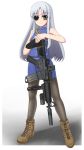  boots cinque eyepatch gun long_hair m4_carbine mahou_shoujo_lyrical_nanoha mahou_shoujo_lyrical_nanoha_strikers numbers numbers_(nanoha) pantyhose petag2 rifle silver_hair skirt suppressor uniform vertical_foregrip weapon yellow_eyes 