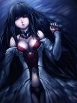  black_hair breasts choker cleavage detached_sleeves humio long_hair lord_of_vermilion lying midriff on_back red_eyes rishia solo 