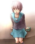  book brown_eyes cardigan glasses hiratoki nagato_yuki school_uniform short_hair silver_hair suzumiya_haruhi_no_yuuutsu 