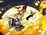  bottle bow chain fire holding horns ibuki_suika long_hair moon murani open_mouth red_eyes smile touhou wrist_cuffs 