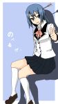  blue_eyes blue_hair crossed_legs itoi_kaede noberuge pointing school_uniform sitting skirt socks solo uniform yukko_don 