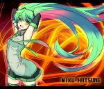  arched_back armpits arms_behind_head arms_up detached_sleeves elbow_gloves gloves green_eyes green_hair hatsune_miku headphones headset long_hair necktie okaka skirt smile solo thigh-highs thighhighs twintails very_long_hair vocaloid zettai_ryouiki 