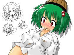  blush bottomless bucket dress_shirt green_hair hair_bobbles hair_ornament kisume luna_child no_nose red_eyes shirt star_sapphire sunny_milk tears touhou twintails white_shirt 