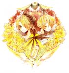  blonde_hair bottle dress face flower green_eyes green_hair hair_over_one_eye hatsune_miku ichiko_(hanakasu) kagamine_len kagamine_rin regret_message_(vocaloid) rose short_hair siblings songover twins twintails victorian vocaloid wings yellow_dress 