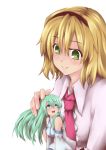  alice_margatroid babato bare_shoulders blonde_hair blue_eyes detached_sleeves frog green_eyes green_hair hair_ornament hairband happy japanese_clothes kochiya_sanae long_hair looking_back looking_down miko minigirl multiple_girls petting short_hair simple_background smile snake touhou 