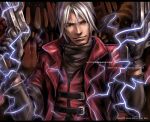  1boy 2001 brown_background character_name coat dante dated devil_may_cry electricity lowres male seed_(artist) smile solo title_drop watermark web_address white_hair 