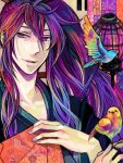  bird bird_on_hand fan japanese_clothes kamui_gakupo kimono male oekaki purple solo tegaki vocaloid 