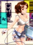 breasts brown_eyes brown_hair cleavage collar crop_top denim denim_shorts erect_nipples face_paint facepaint fingerless_gloves gloves hair_ornament hairclip midriff navel open_fly original s_zenith_lee shorts solo stylus tablet torn_clothes unzipped 