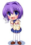  blue_eyes blush chibi clannad cross_(artist) fujibayashi_ryou purple_hair school_uniform short_hair thigh-highs 