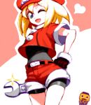  blonde_hair capcom gloves green_eyes hat heart iseki_(kuroshura_no_tabiji) kobun oversized_object rockman rockman_dash roll_caskett short_hair shorts wink wrench 