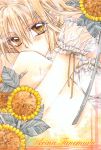  covering covering_face covering_mouth flower looking_at_viewer official_art otomiya_haine shinshi_doumei_cross short_sleeves sitting solo sunflower tanemura_arina traditional_media yellow_eyes 