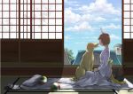  ball bird bowl brown_hair cat cloud clouds dog futon japanese_clothes kimono original pillow short_hair sky solo tray vaayunto_yuuki 
