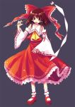  bobby_socks bow brown_hair detached_sleeves frills gohei hair_bow hakurei_reimu mary_janes open_mouth red_eyes renee ribbon shoes short_hair simple_background smile socks standing touhou 