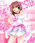  brown_hair gloves green_eyes hair_ribbon idolmaster ribbon short_hair skirt takeya_yuuki wink 