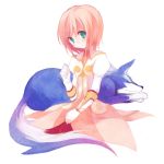  estellise_sidos_heurassein gloves green_eyes koto_(colorcube) looking_at_viewer pink_hair repede short_hair simple_background sitting tales_of_(series) tales_of_vesperia white_gloves 
