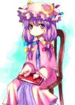 book chair crescent hair_ribbon hat miya_(artist) miya_(tsumazukanai) patchouli_knowledge purple_eyes purple_hair ribbon sitting solo touhou violet_eyes 