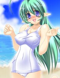  arano_takeshi blush green_hair long_hair one-piece_swimsuit original pointy_ears school_swimsuit solo swimsuit takeda_aranobu white_school_swimsuit 