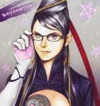  bayonetta bayonetta_(character) black_hair chains dexm earrings glasses glove grey_eyes hair_bun long_hair mole red_ribbon ribbon 