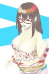  1girl :p breasts brown_hair glasses large_breasts original red-framed_glasses see-through sketch tin078 tongue tongue_out undressing 