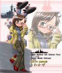  1girl adjusting_glasses animal_ears arm_support blush blush_stickers brown_hair bulge_tsuki character_name fake_animal_ears glasses gun japan_maritime_self-defense_force military ocean open_mouth original pants personification photo_background propeller rabbit_ears radar radio_antenna red-framed_glasses sawakaze_(jmsdf) ship short_hair sleeves_past_wrists smile smokestack solo source_request sweatdrop turret wavy_hair weapon yellow_eyes zoom_layer 