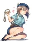  1girl alternate_costume belt brown_eyes brown_hair commentary cosplay cuffs handcuffs hat heart kantai_collection kazami_miki police police_uniform policewoman pun shadow short_hair skirt smile solo taihou_(kantai_collection) tsujimoto_natsumi_(cosplay) twitter_username uniform wink you&#039;re_under_arrest 