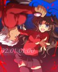  1boy 1girl archer blue_eyes brown_hair dated fate/stay_night fate_(series) long_hair sakura_(lilak_a) toosaka_rin two_side_up upside-down white_hair 