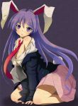  1girl akairo1015 animal_ears bare_shoulders breasts bunny_tail cleavage large_breasts long_hair looking_at_viewer open_clothes open_mouth open_shirt purple_hair rabbit_ears reisen_udongein_inaba simple_background sitting skirt solo tagme tail touhou violet_eyes 