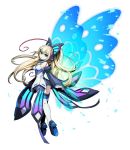  1girl artist_request azure_striker_gunvolt bare_shoulders blonde_hair breasts butterfly_hair_ornament butterfly_wings cleavage detached_sleeves hair_ornament long_hair lumen_(gunvolt) multicolored_hair official_art redhead simple_background solo thighhighs two-tone_hair wide_sleeves wings 