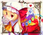 1girl ascot blonde_hair candy flandre_scarlet heart lollipop looking_at_viewer mob_cap red_eyes side_ponytail solo spoken_heart tagme teeth_hold touhou wings yusano 