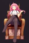  1girl ahoge black_legwear blush crossed_legs drill_hair hair_twirling long_hair maeda_risou no_shoes original pantyhose parted_lips pink_hair sitting skirt solo throne twin_drills violet_eyes 