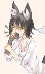  1girl angry animal_ears arm_grab biting black_hair blush breasts cleavage disembodied_limb finger_biting fox_ears fox_tail nanashi_(shirogane_usagi) original shirogane_usagi shirt short_hair simple_background sleeves_rolled_up slit_pupils solo_focus tail transparent white_shirt yellow_eyes 