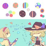  2girls alice_margatroid blonde_hair bow braid capelet cha_goma circle closed_eyes comic dress frills hair_bow hairband hat kirisame_marisa lace multiple_girls necktie pencil ribbon short_hair sketch touhou translation_request triangle witch_hat 