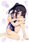  1girl bare_legs barefoot black_hair blush brown_eyes competition_swimsuit covered_navel fate/kaleid_liner_prisma_illya fate_(series) hair_ornament hairclip half_updo highres hiroyama_hiroshi leg_hug long_hair miyu_edelfelt one-piece_swimsuit one_side_up ponytail sitting solo swimsuit wet wet_hair 