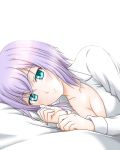  1girl bed blue_eyes blush breasts cardfight!!_vanguard cleavage collarbone lavender_hair looking_at_viewer open_clothes short_hair simple_background smile solo tokura_misaki white_background wolkenritter_vita1 
