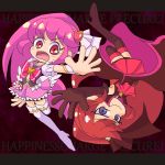 2girls :o aino_megumi black_gloves black_legwear blue_eyes boots bowtie brooch copyright_name cure_lovely cure_unlovely elbow_gloves genderswap gloves hair_ornament hair_ribbon hairpin happinesscharge_precure! heart_hair_ornament jewelry letterboxed long_hair magical_girl multiple_girls nisomikominonanase outstretched_hand phantom_(happinesscharge_precure!) pink_background pink_eyes pink_hair pink_skirt ponytail precure red_skirt redhead ribbon skirt smile symmetry thigh-highs thigh_boots upside-down white_legwear wrist_cuffs 