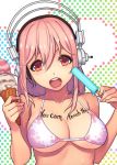  1girl bikini breasts cleavage english food headphones ice_cream ice_cream_cone large_breasts long_hair looking_at_viewer navel nitroplus open_mouth pink_hair popsicle red_eyes smile solo super_sonico swimsuit yuksi 