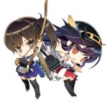  2girls armor arrow black_hair blush_stickers bow_(weapon) brown_eyes brown_hair chibi detached_sleeves gloves hairband haruna_(kantai_collection) japanese_clothes kaga_(kantai_collection) kantai_collection looking_at_viewer machinery multiple_girls muneate nakamura_takeshi nontraditional_miko open_mouth side_ponytail thigh-highs turret weapon wide_sleeves 