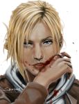  1girl annie_leonhardt blonde_hair blood blood_on_face blue_eyes face flat_gaze looking_at_viewer portrait realistic shingeki_no_kyojin signature simple_background solo soratane white_background wiping_face wiping_mouth 