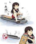  &gt;_&lt; 1girl 2koma airplane akagi_(aircraft_carrier) akagi_(kantai_collection) brown_hair comic firing giantess japanese_clothes kantai_collection long_hair muneate pleated_skirt size_difference skirt solo thigh-highs translated white_background white_legwear y.ssanoha zettai_ryouiki 